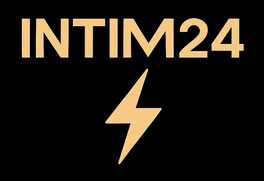 INTIM24 logotyp med beige text på svart bakgrund och en blixtsymbol under texten.